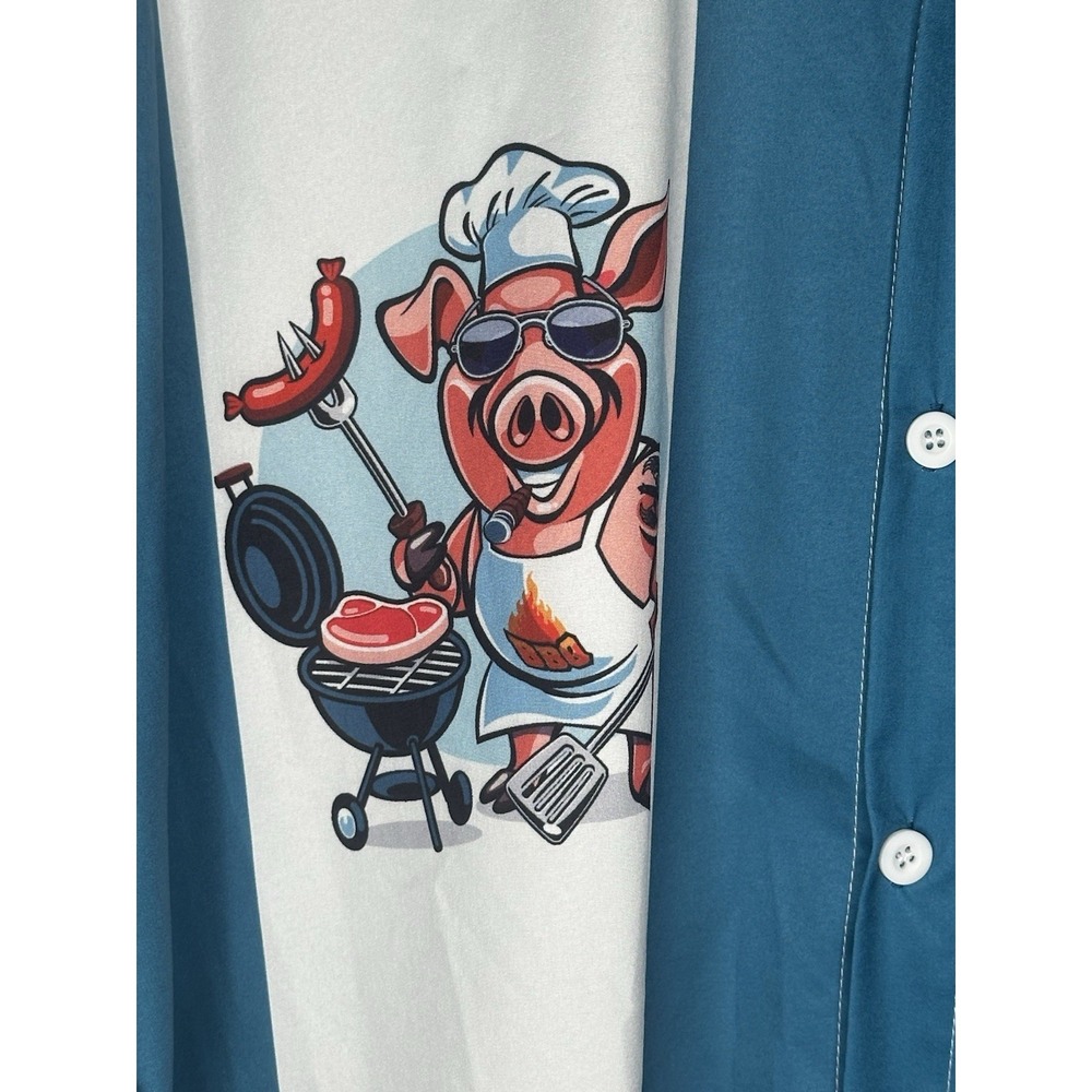 Hardaddy Mens Teal Blue BBQ Pig Chef Graphic Bowling Shirt Short Sleeve XL - Picture 4 of 11